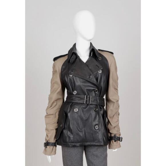 Burberry Brit Black Brown Leather Cotton Belted Jacket FR36 BR36 170/80a